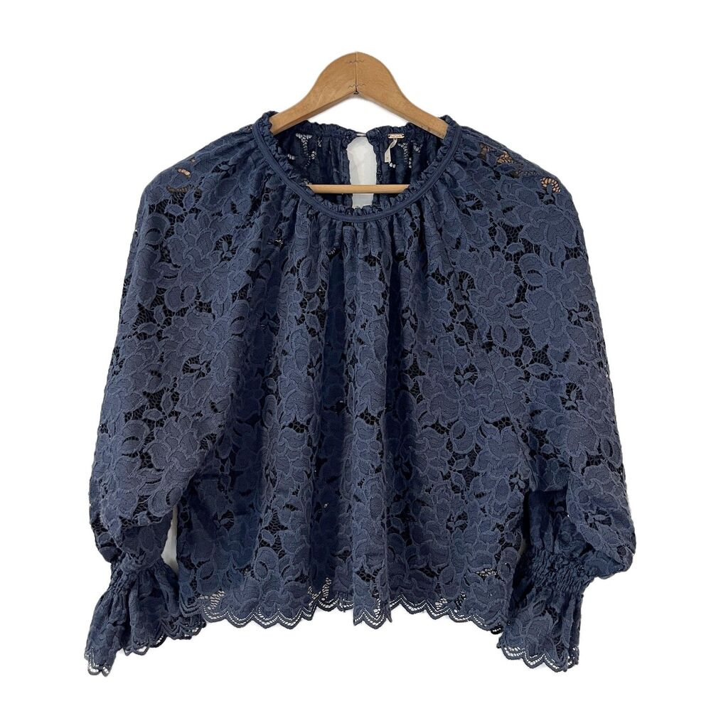 Free People Olivia Lace Blouse Blue Small Balloon Sleeves Feminine - Picture 5 of 9